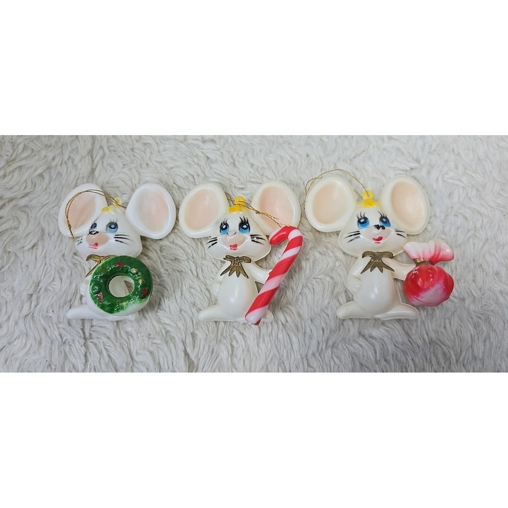 Vintage Plastic Mouse Mice Christmas Ornament Lot of 3 Candy Cane‎ Hong Kong 3"